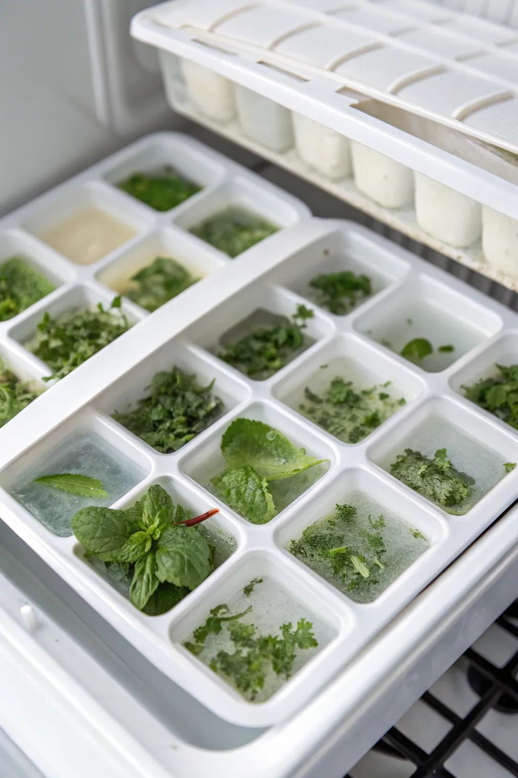 Ice cube trays containing frozen herbs inside a top freezer, preserving fresh flavors for culinary creations.