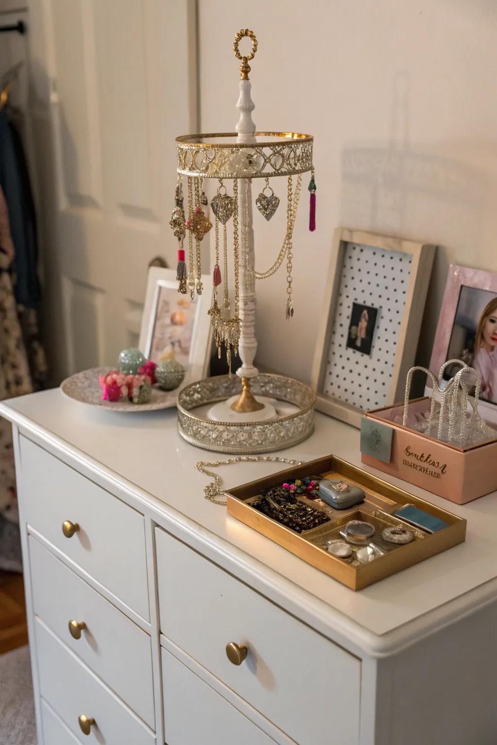 Jewelry displayed on a dresser adds personal style.