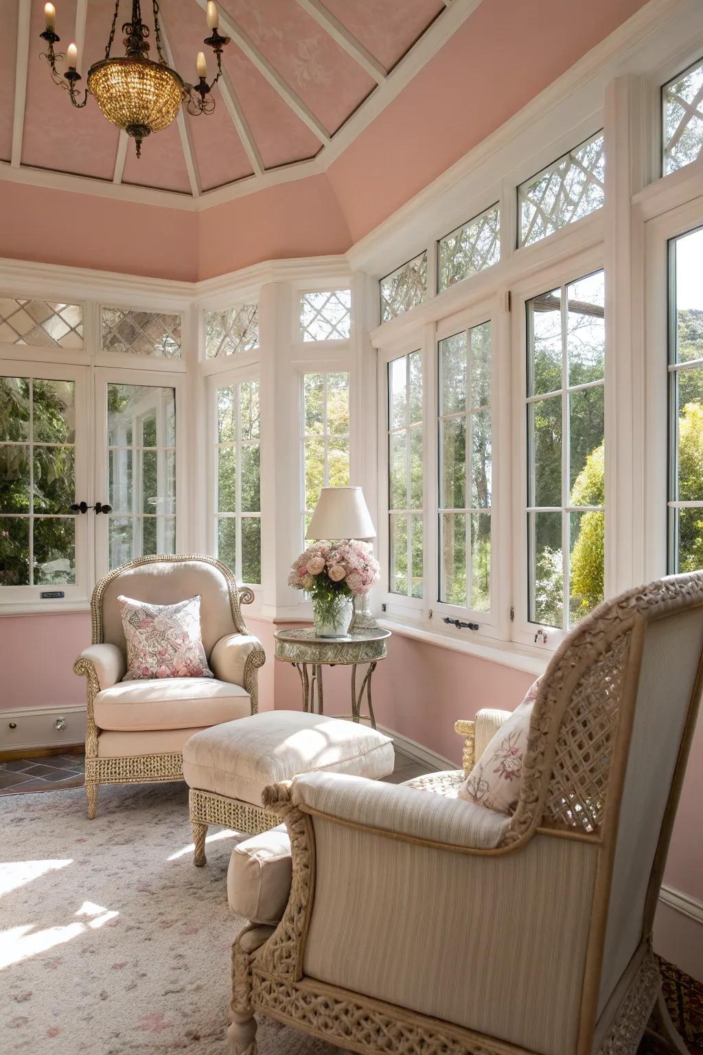 Rose walls providing a soft and elegant tone to the sunroom.