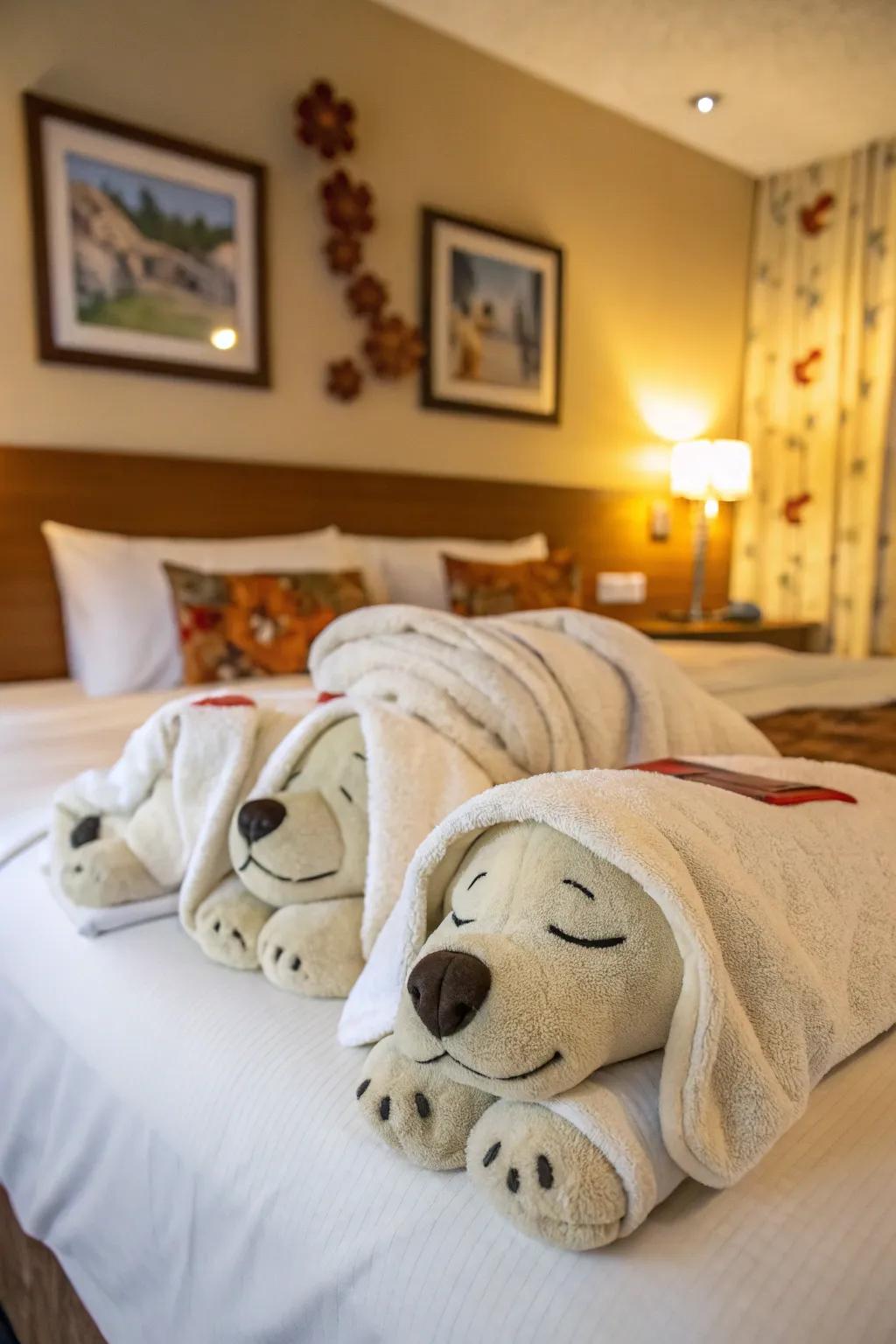 Welcome guests warmly with sleeping puppy-shaped fabrics.