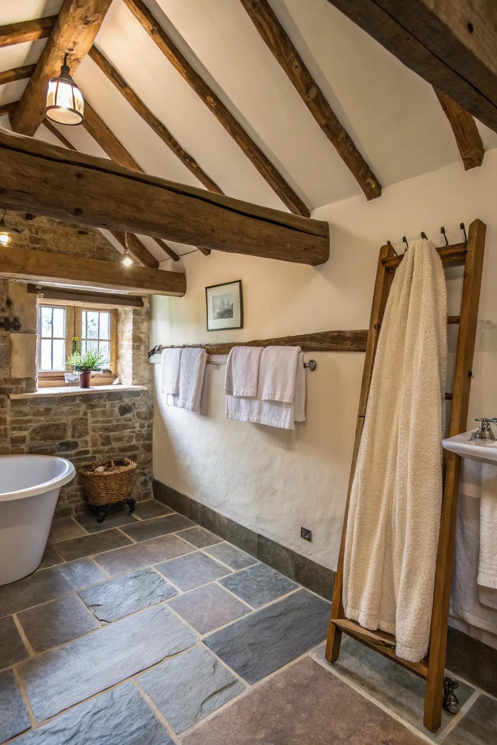 Timber hooks offer a country and charming way to hang towels.