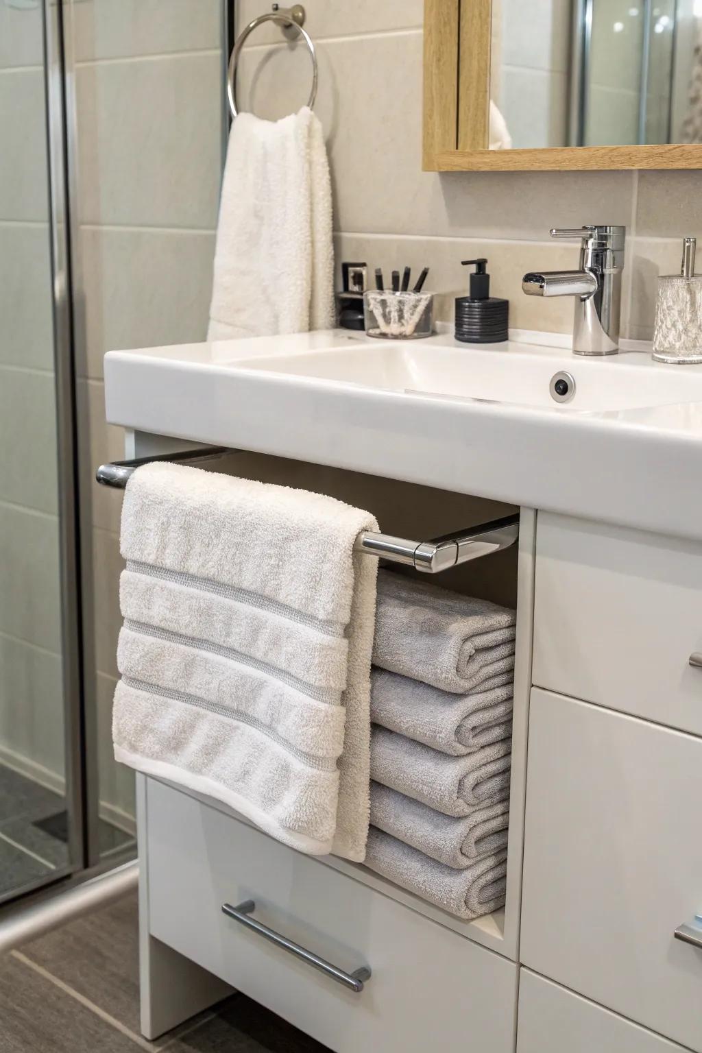 Make the most of under-sink area with a towel rod that keeps towels easy to get to.