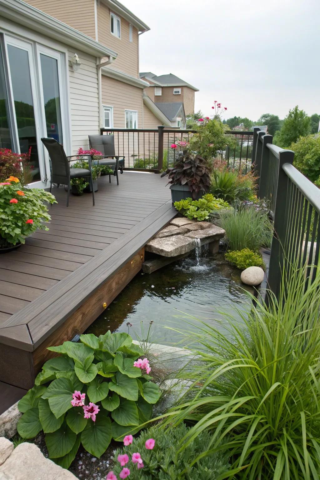 A water feature stands out as a focal point that introduces tranquility to your deck.