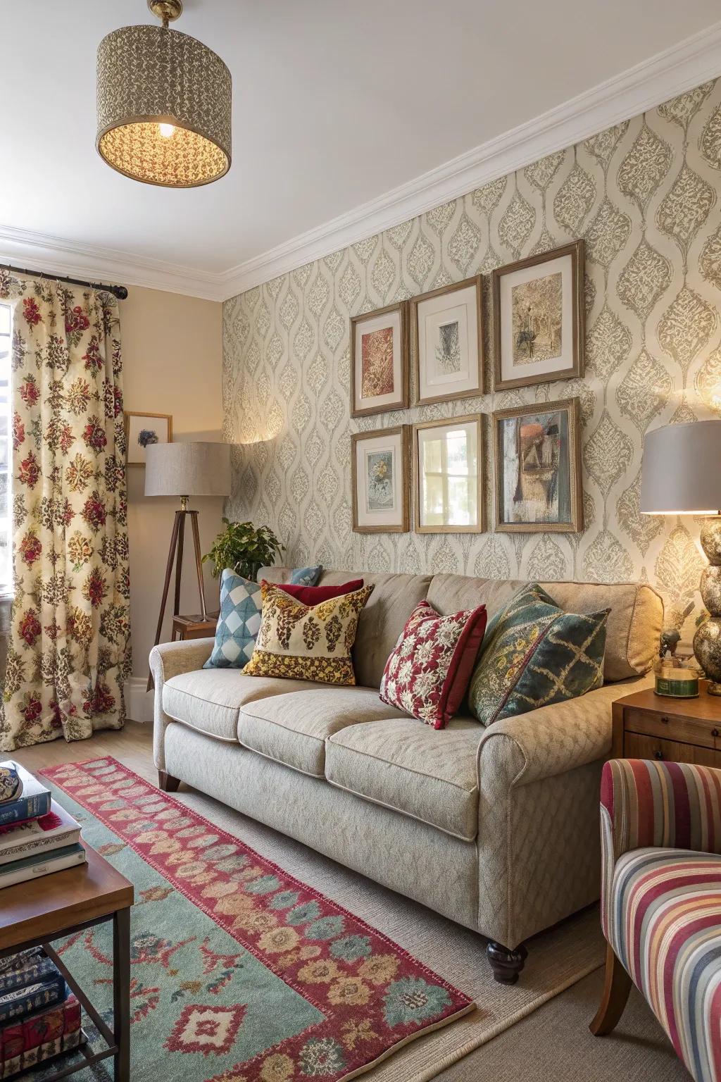 Motifs append visual intrigue and energy to the lounge decor.