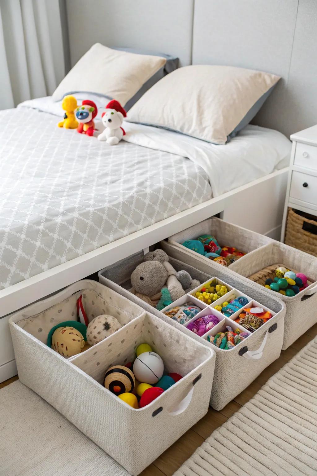 Beneath-berth storage maximizes expanse for accommodating larger playthings.