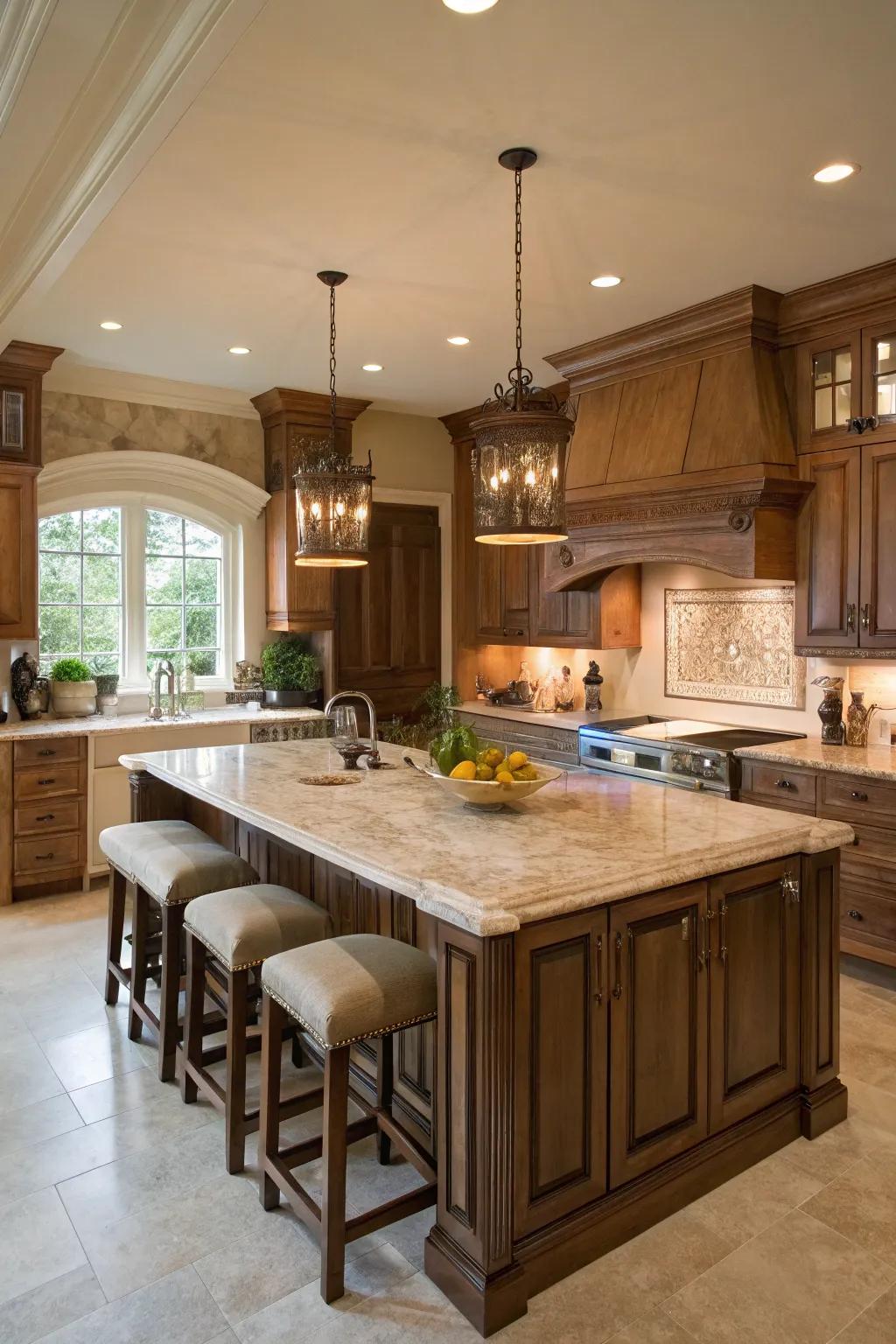 A stone island serves as a luxurious centerpiece.