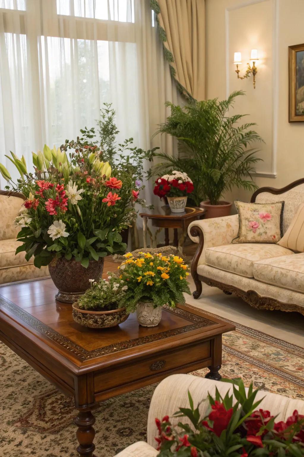 Greenery adds a fresh sensation to this traditional relaxation space.