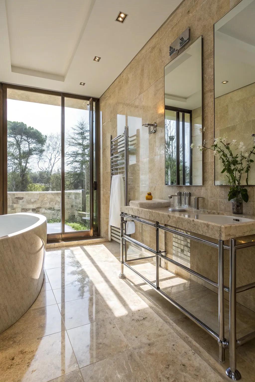 A dynamic travertine bathroom featuring mixed materials like metal and glass.