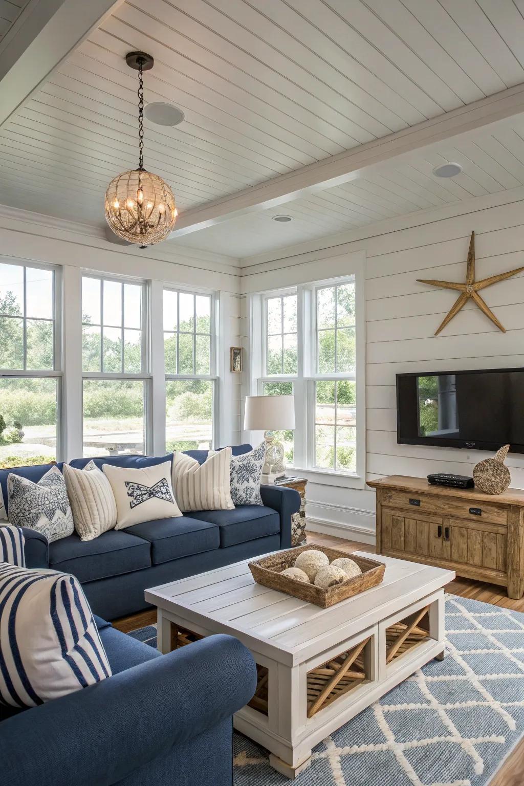 A coastal-themed living room with a tray ceiling enhanced by shiplap.