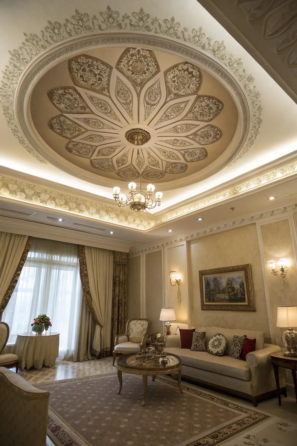 An elegant room showcasing a tray ceiling with a decorative medallion.