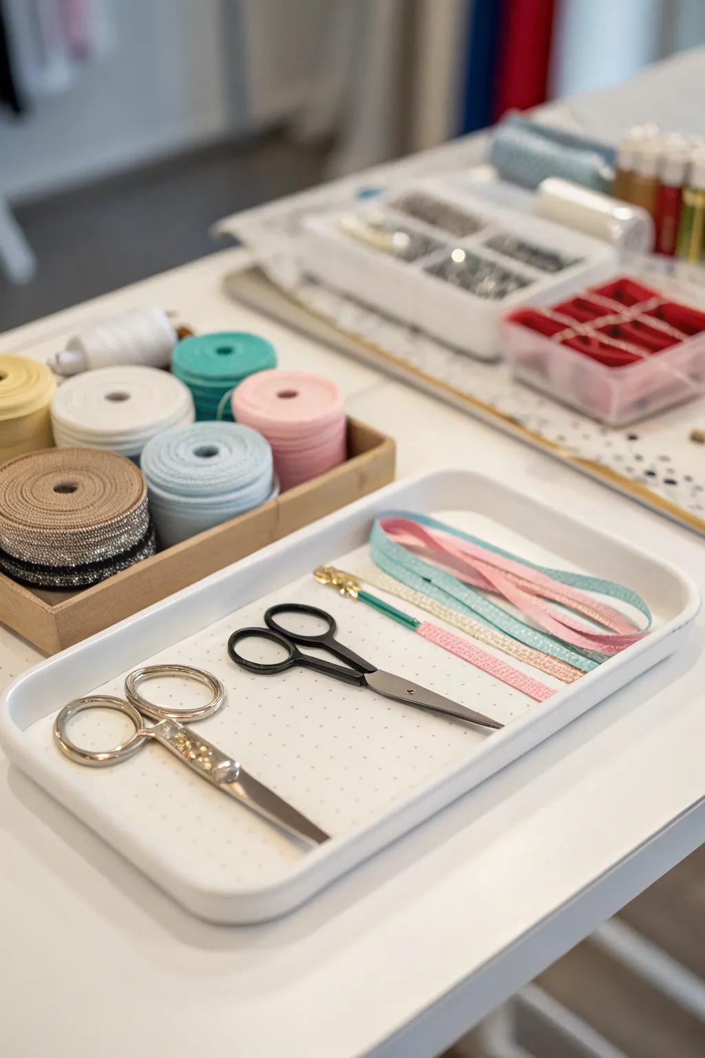 An orderly workspace with a creative tray.