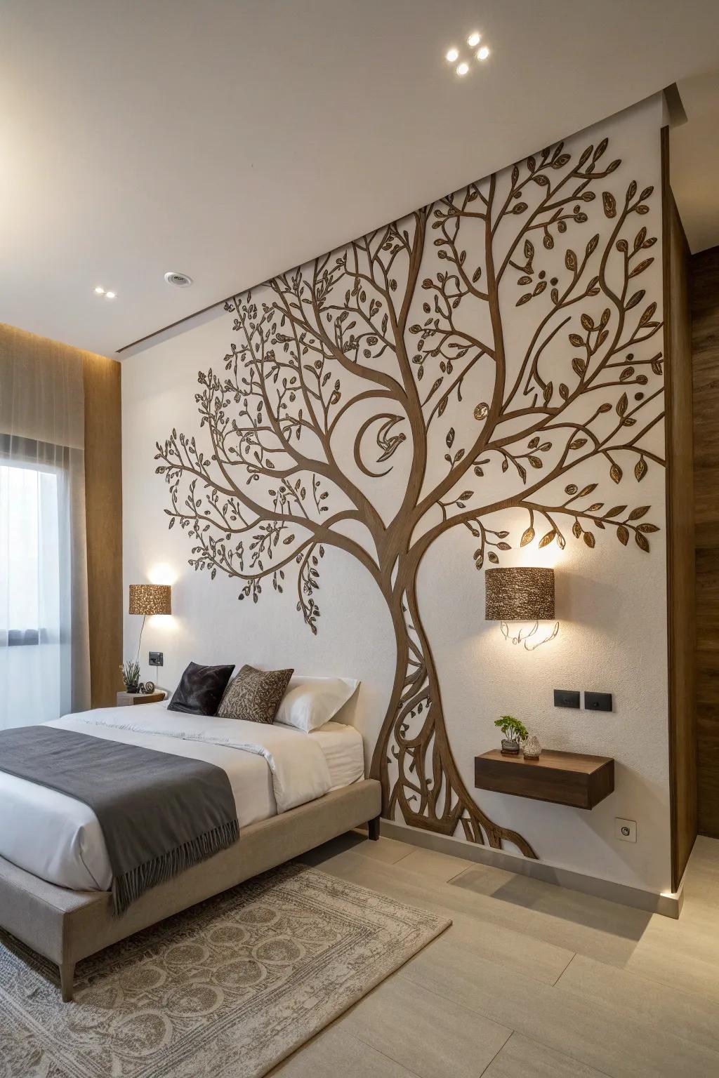 Arbor Vitae wall decal enhances a modern bedroom with individual flair.