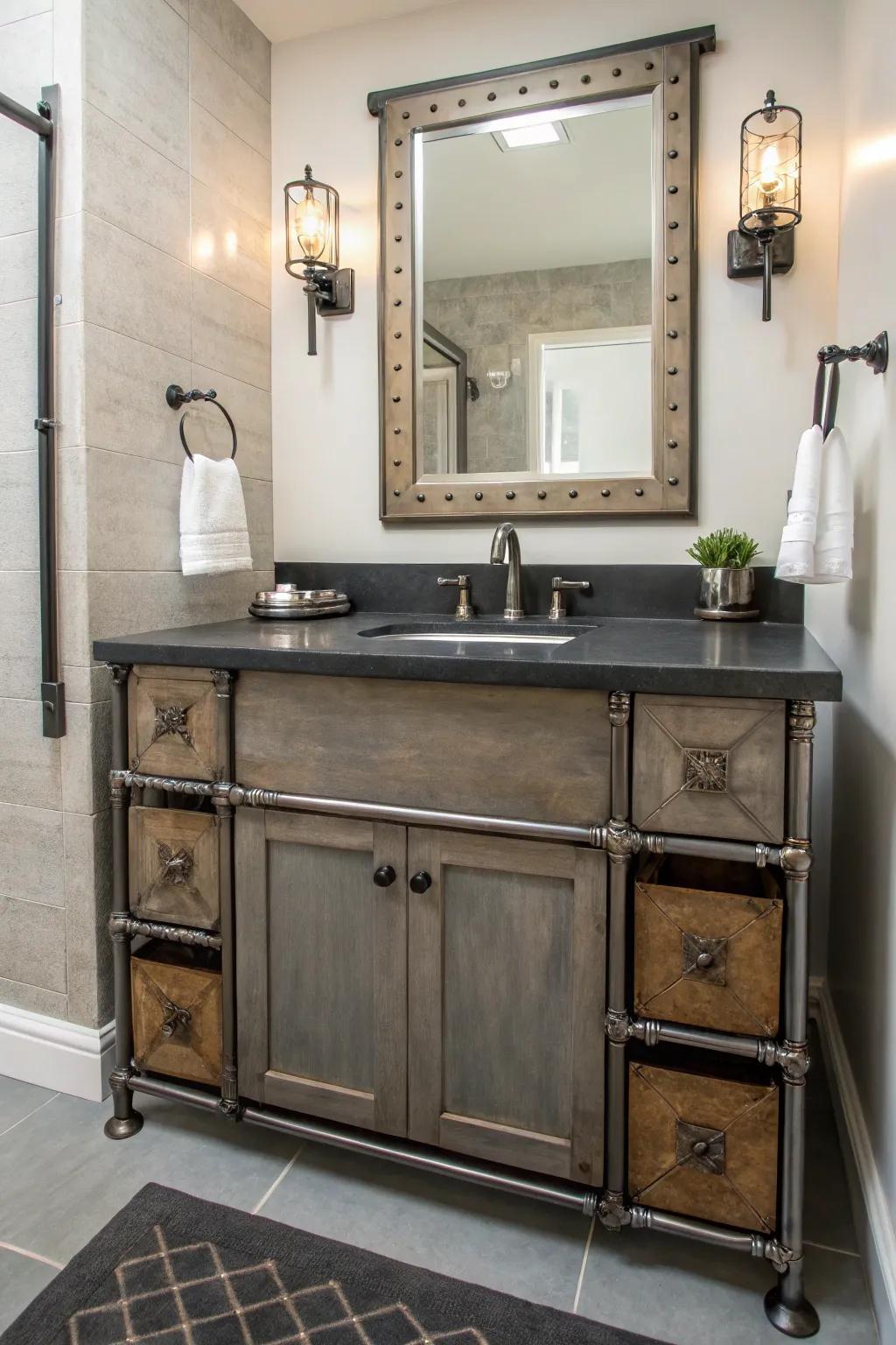 A bathroom featuring a vanity with steel details for an industrial-chic aesthetic.