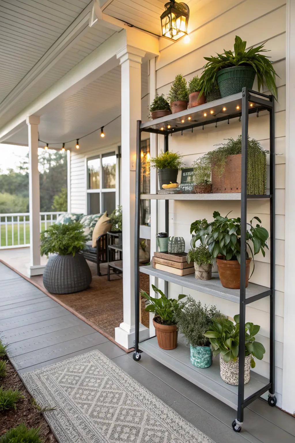 Showcase ornaments with functional shelving on your porch.