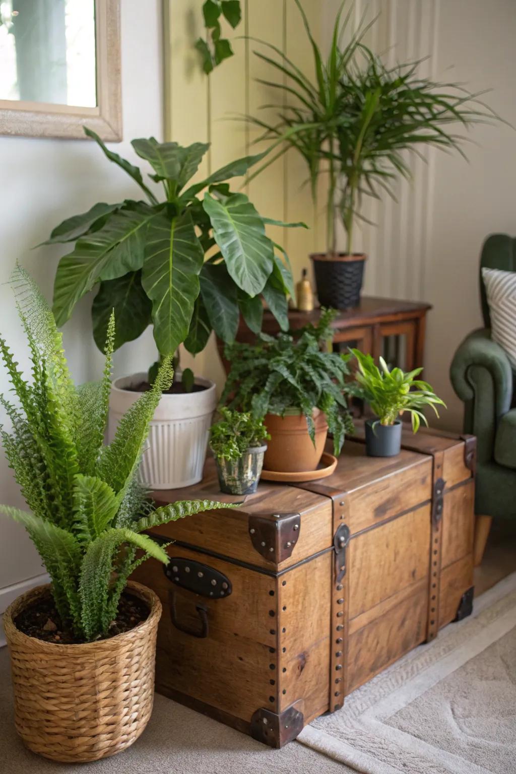 A trunk elevating plants beautifully, establishing a vibrant indoor garden ambiance.