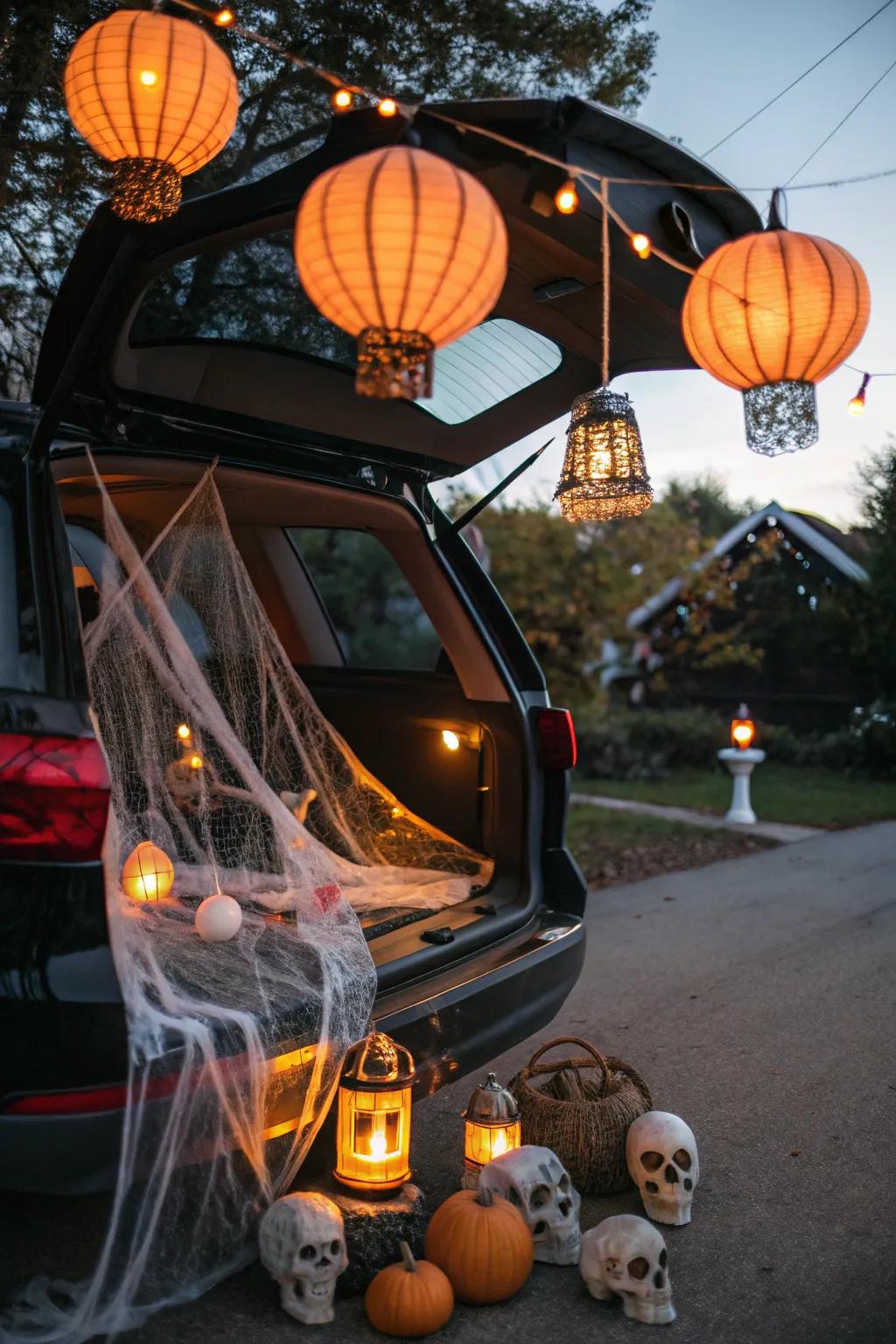 Cobwebbed luminaries contribute a haunting luminescence.