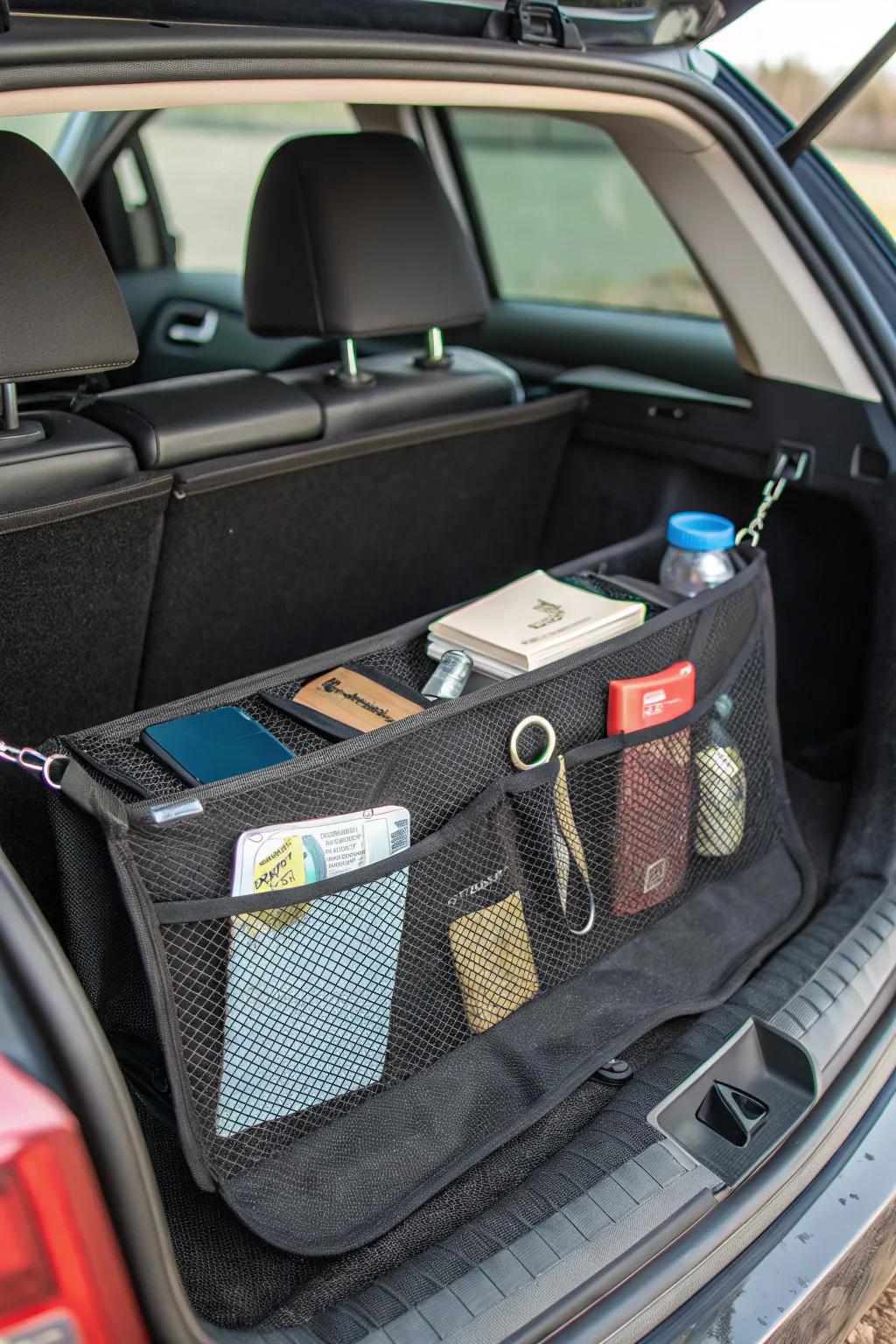 For trunk organization, mesh pockets are used on sidewalls to store small items.