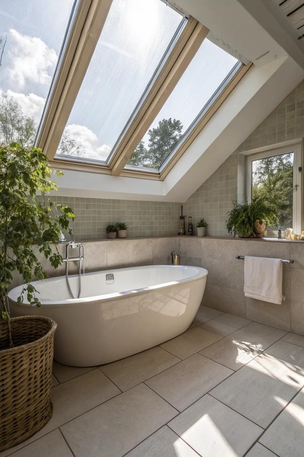 Roof windows above the tub usher in authentic illumination and a hint of nature.