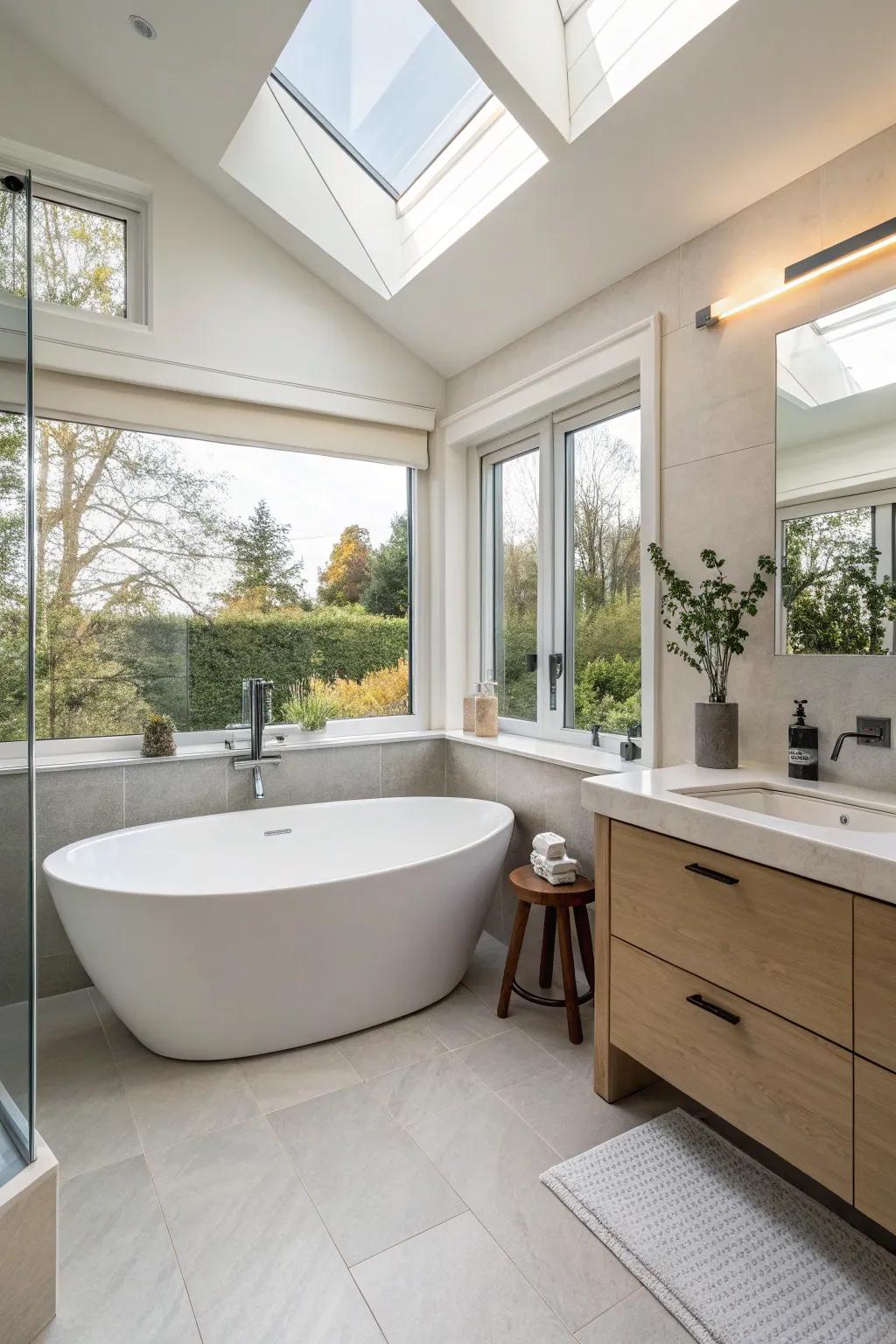 A corner tub installation maximizes area and adds a unique architectural feature.