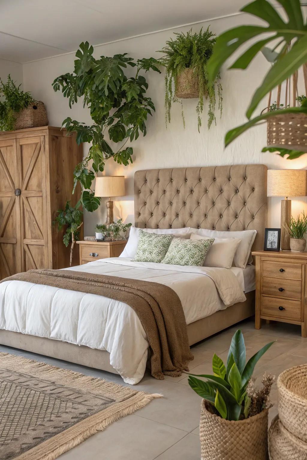 A nature-inspired bedroom showcases a calming tufted headboard.