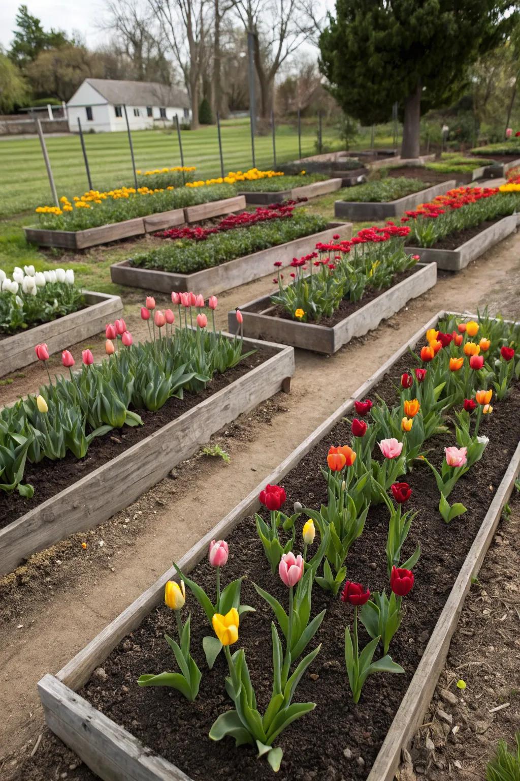 Tulips flourishing in raised beds, benefiting from enhanced drainage and visual appeal.