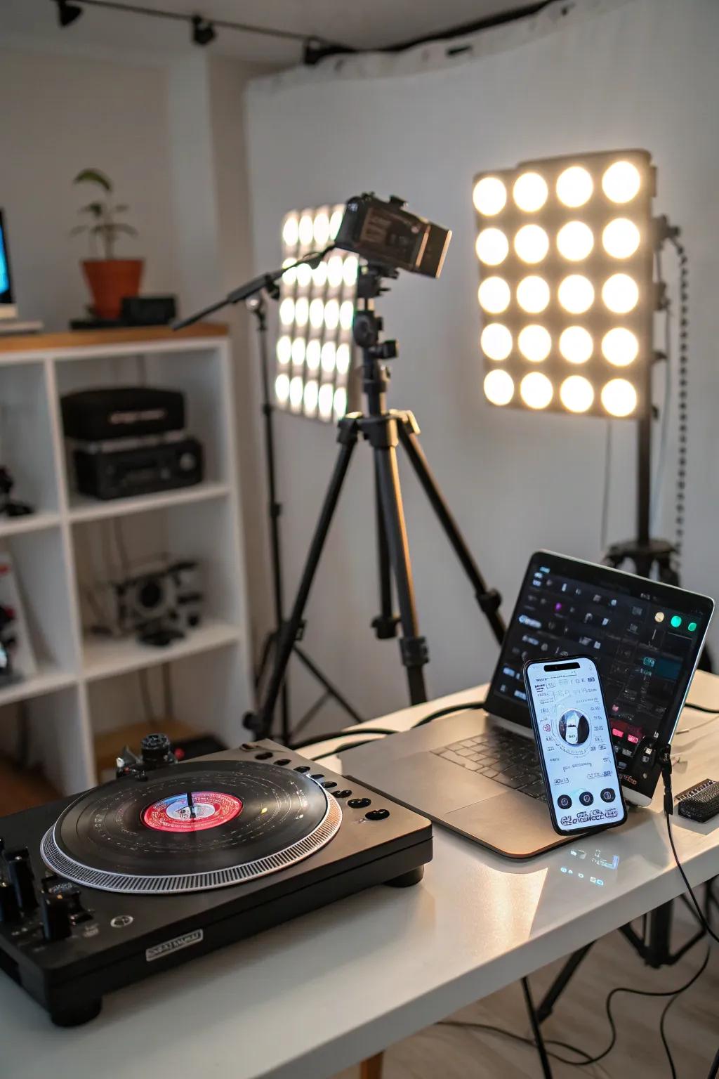 Smart lighting managed via smartphone enhancing a record player space.