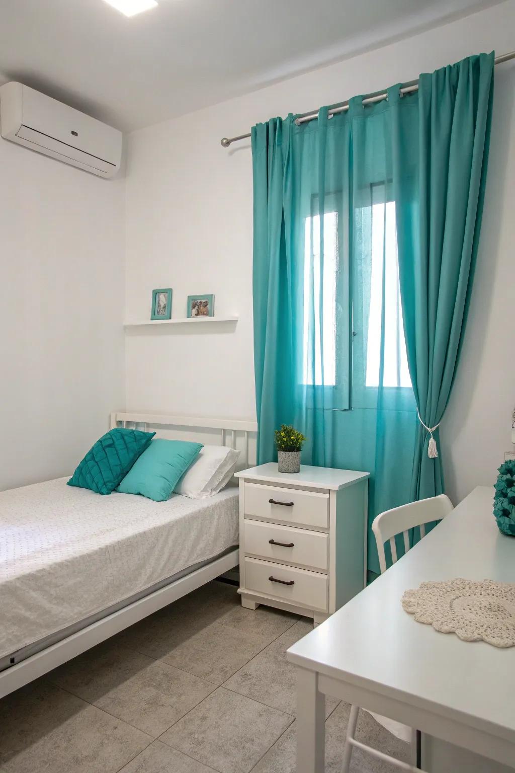 Through the lens of turquoise minimalism, a touch of character is introduced into this sophisticated sleeping quarter.
