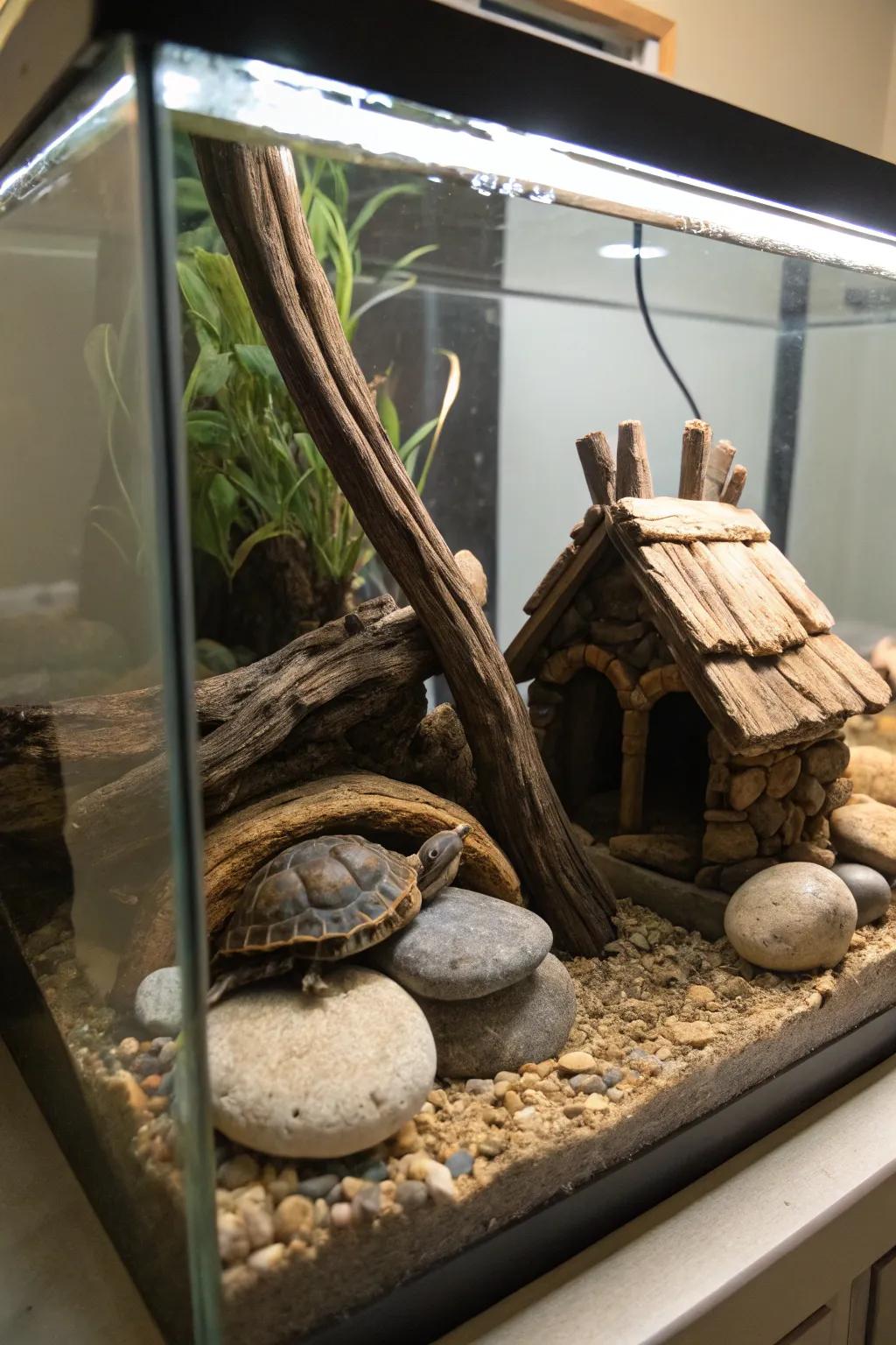 A miniature home adds cozy charm and private space for your turtle.