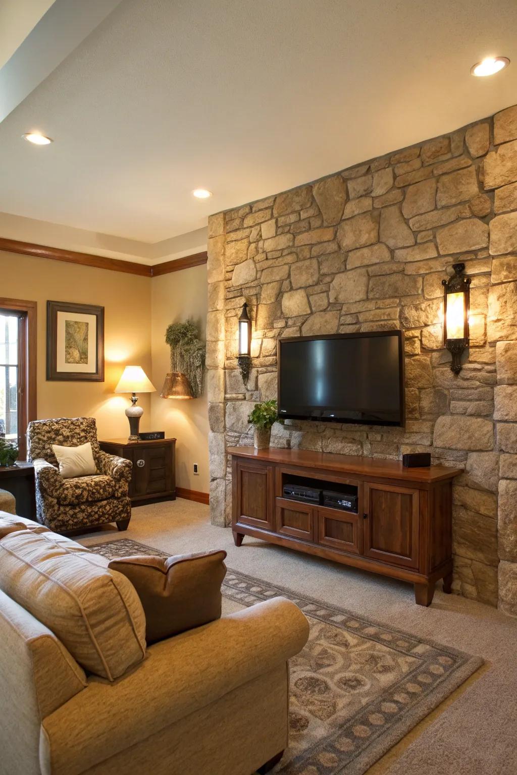 Natural stone imparts elegance and timelessness to this TV feature wall.