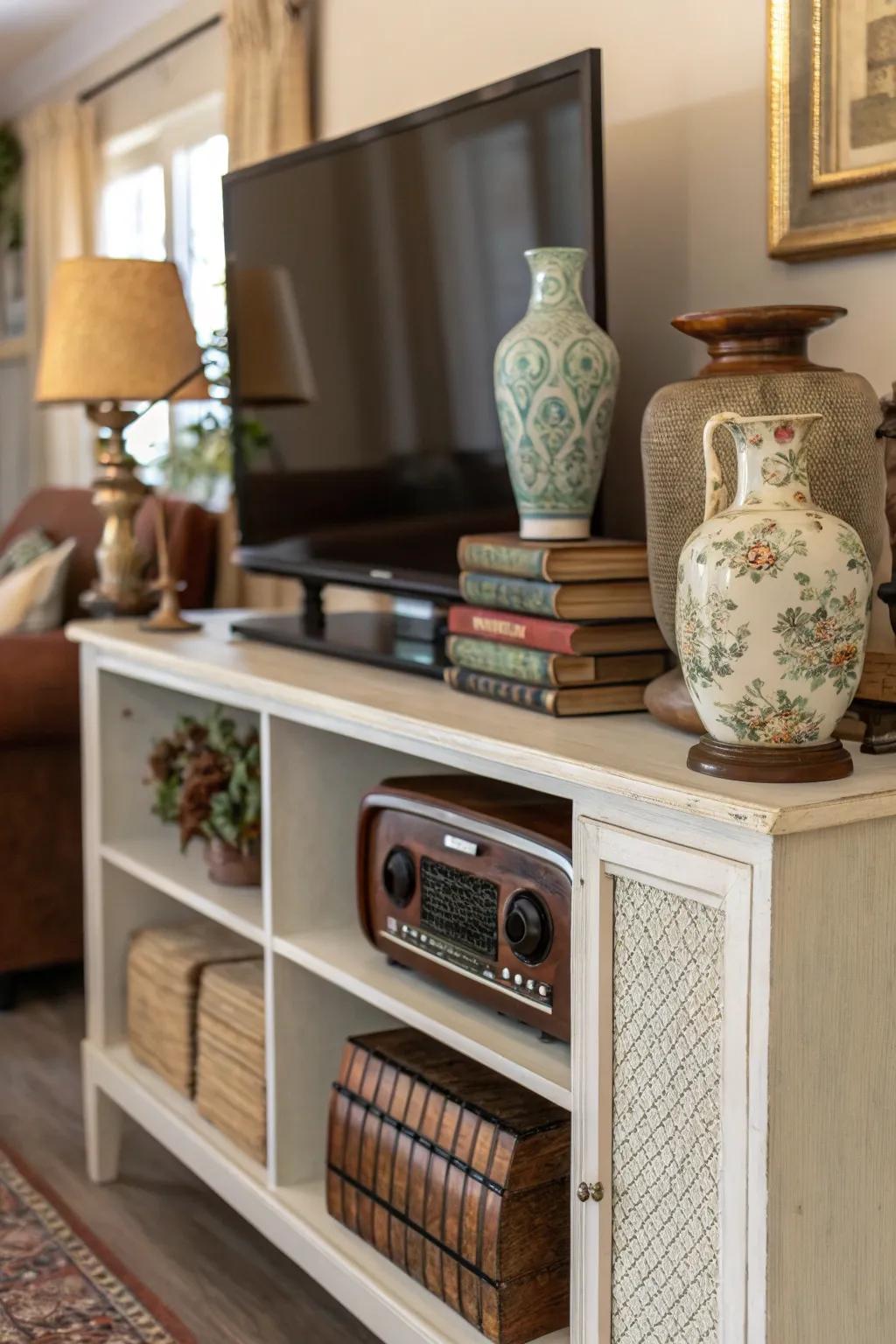 Unique, antique pieces enhance the media console.