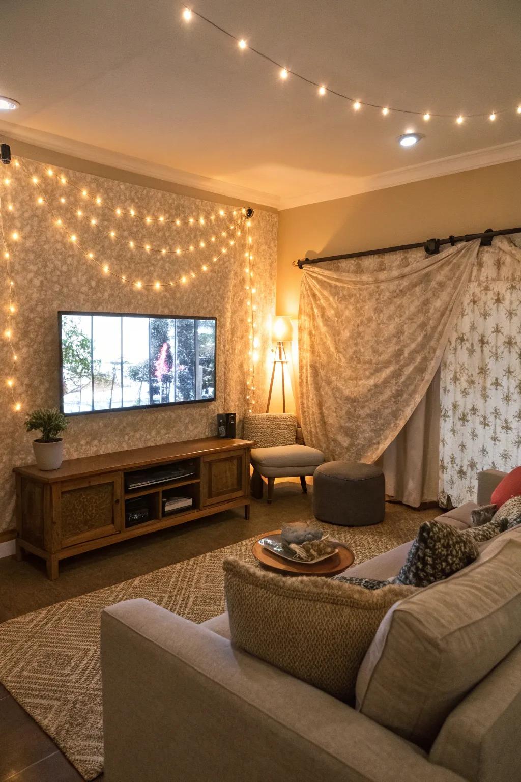 A visually striking TV wall featuring a fabric backdrop for added depth and texture.