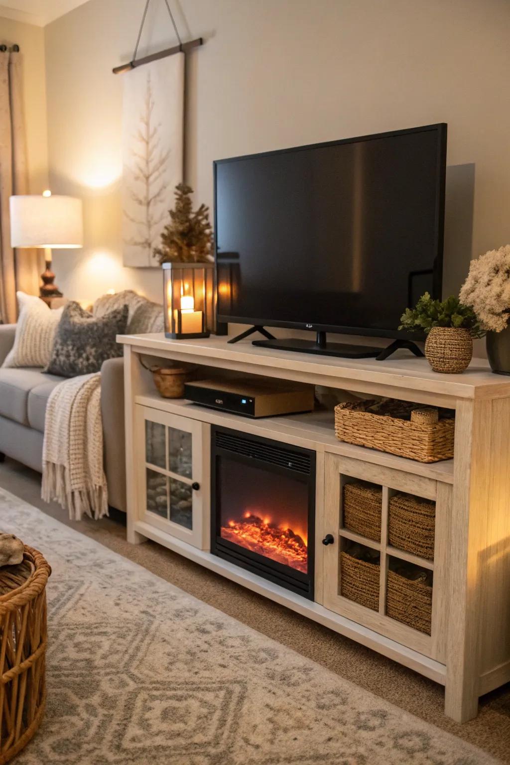 A pseudo fire pit adds warmth and charm to your TV stand.
