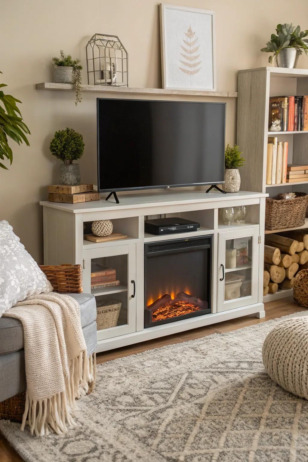 Fake fireplace stands offer a cozy feel and utility in one.