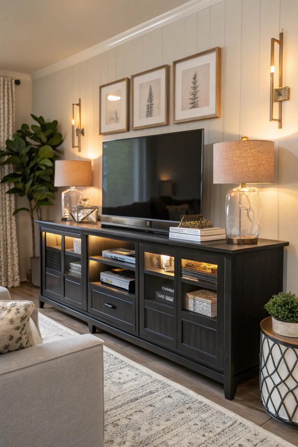 A media console combines elegance and practicality.