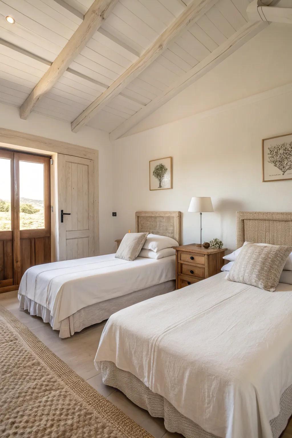 Minimalism conjures an expansive and calming haven featuring twin beds.