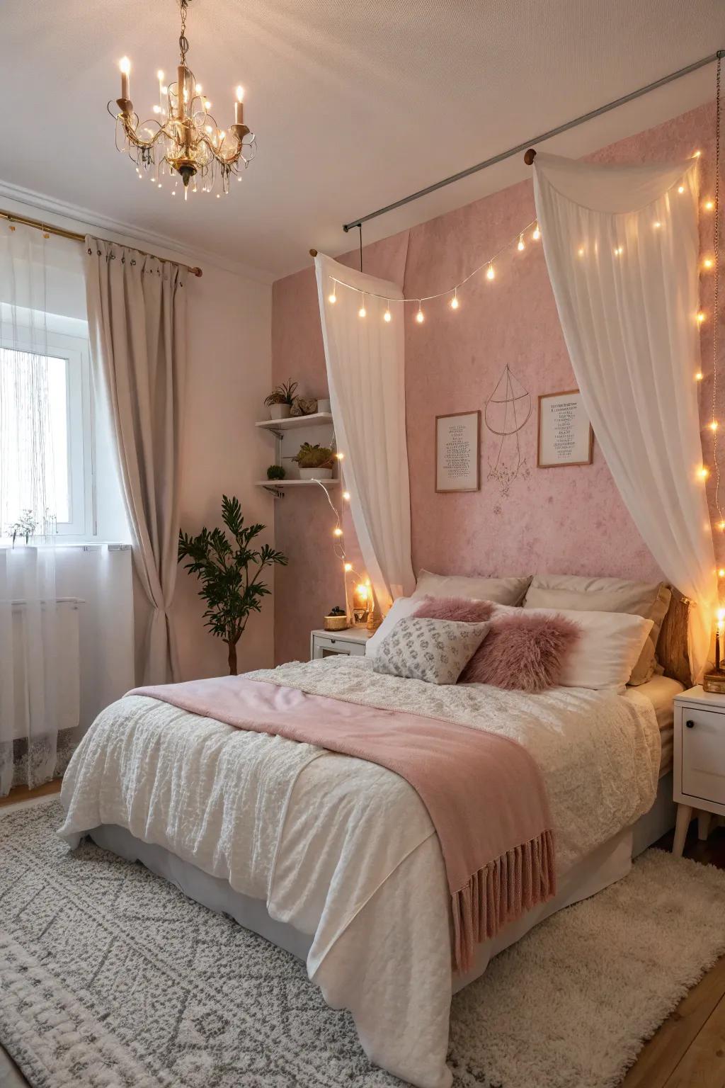A serene bedroom featuring rose and white walls, radiating romance and calm.