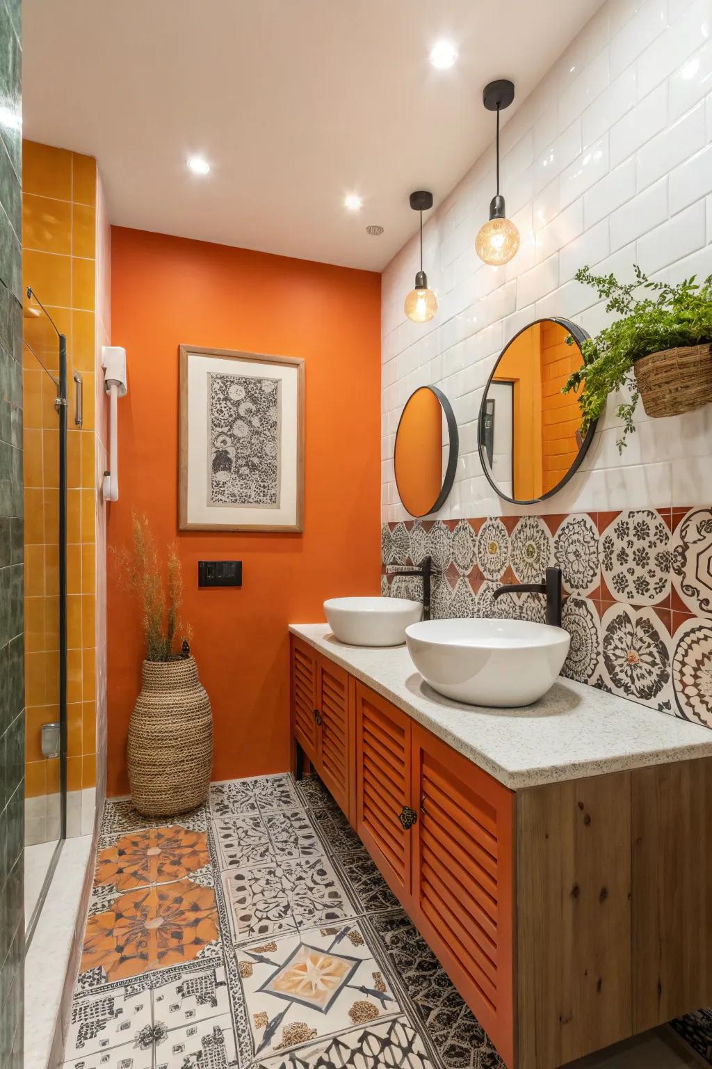 A lively tangerine and white two-tone wall scheme that makes a bold statement.