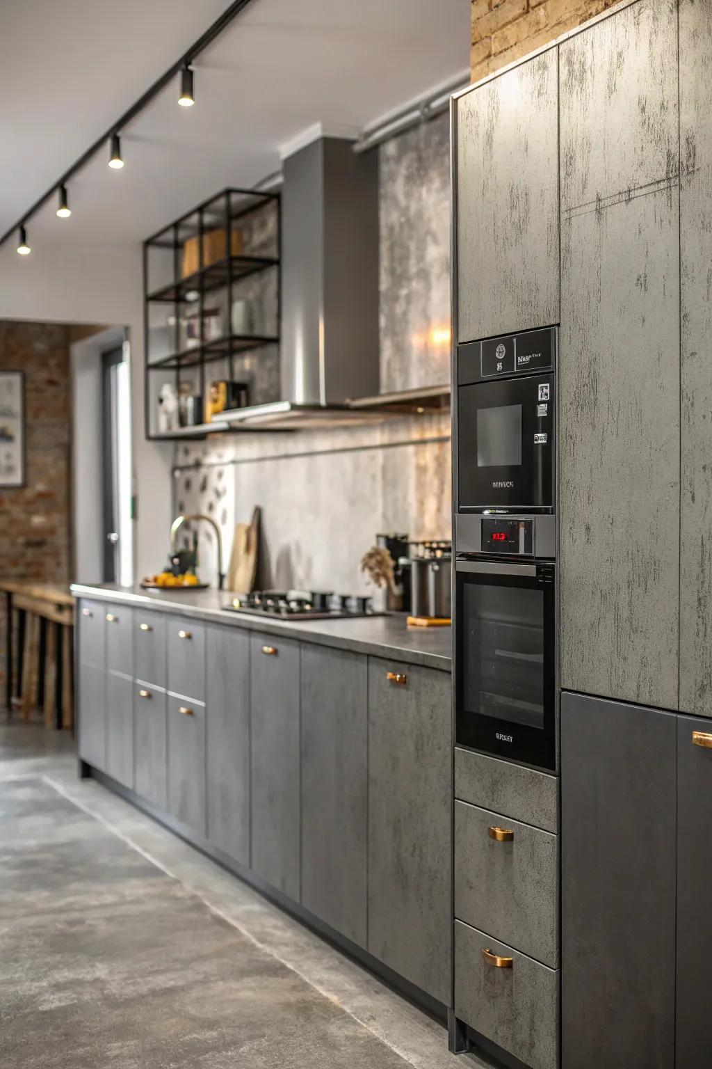 The modern culinary space is graced with an industrial edge through charcoal and metallic walls.