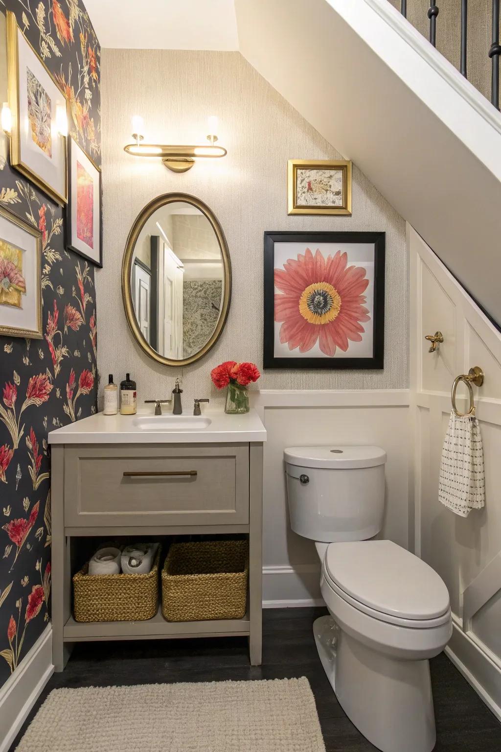 A restroom under the staircase adorned with bold wall art for a personal touch.
