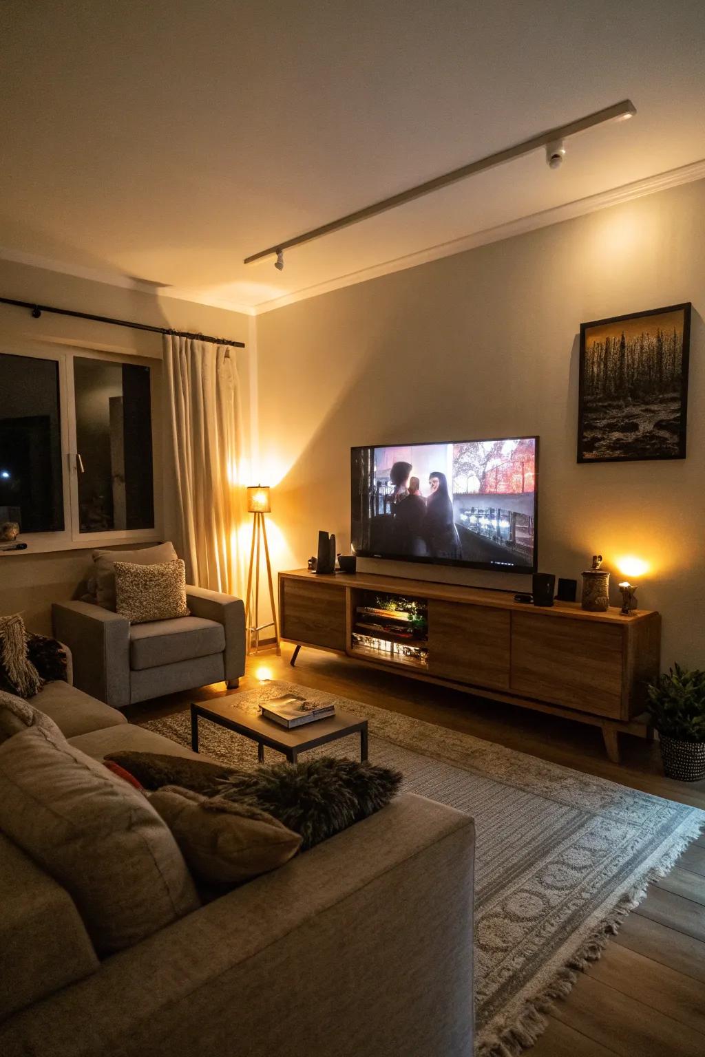 Illumination beneath your television enhances ambiance and flair.