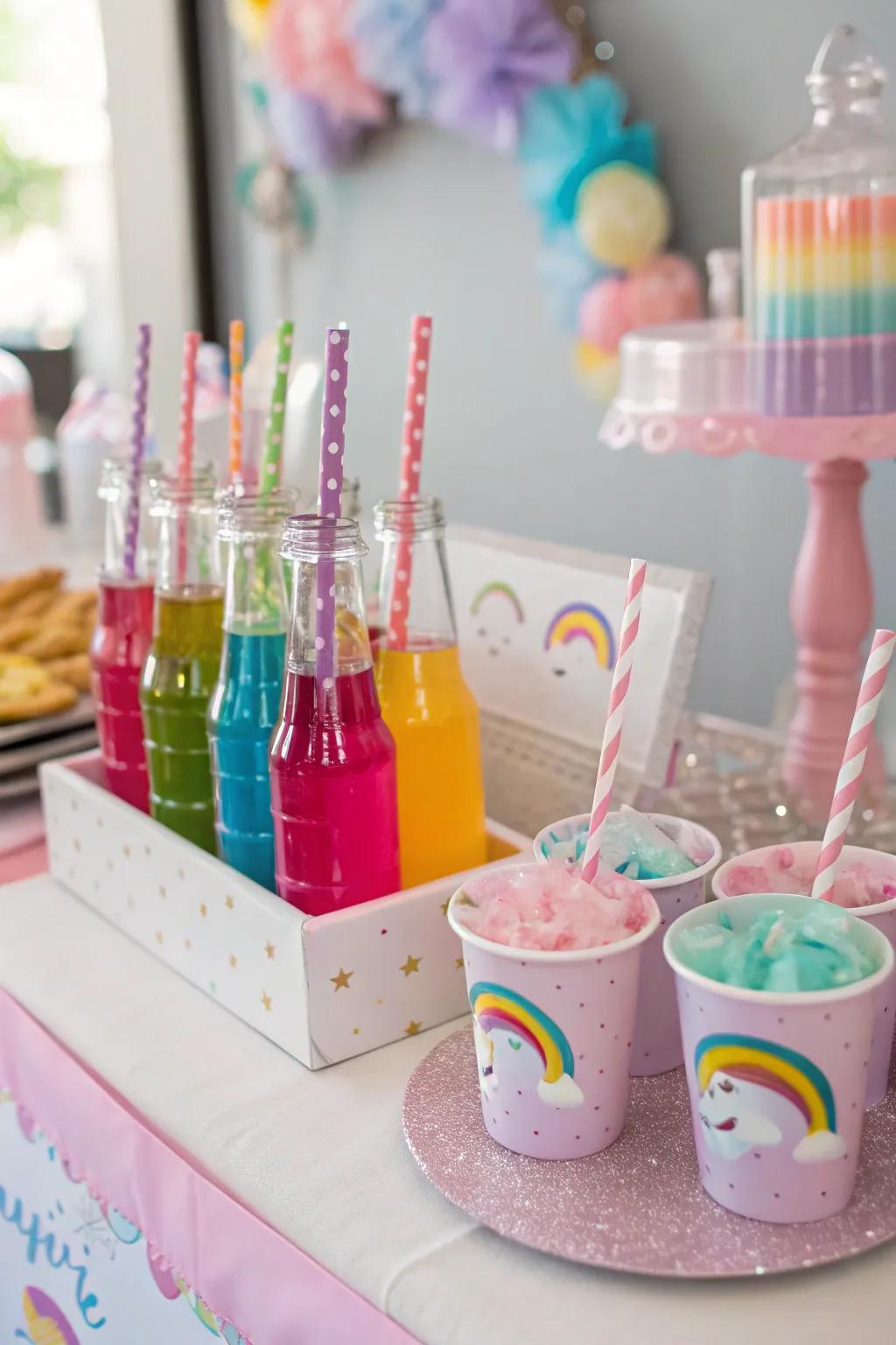 A colorful unicorn libation kiosk featuring themed reeds.
