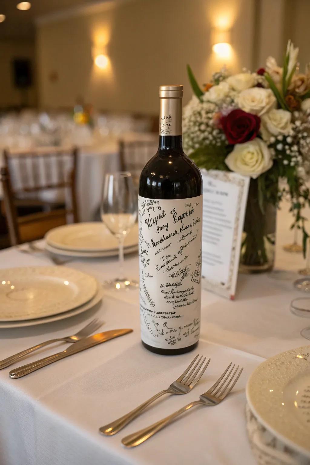 Guests autograph a wine bottle to be uncorked on a future anniversary.
