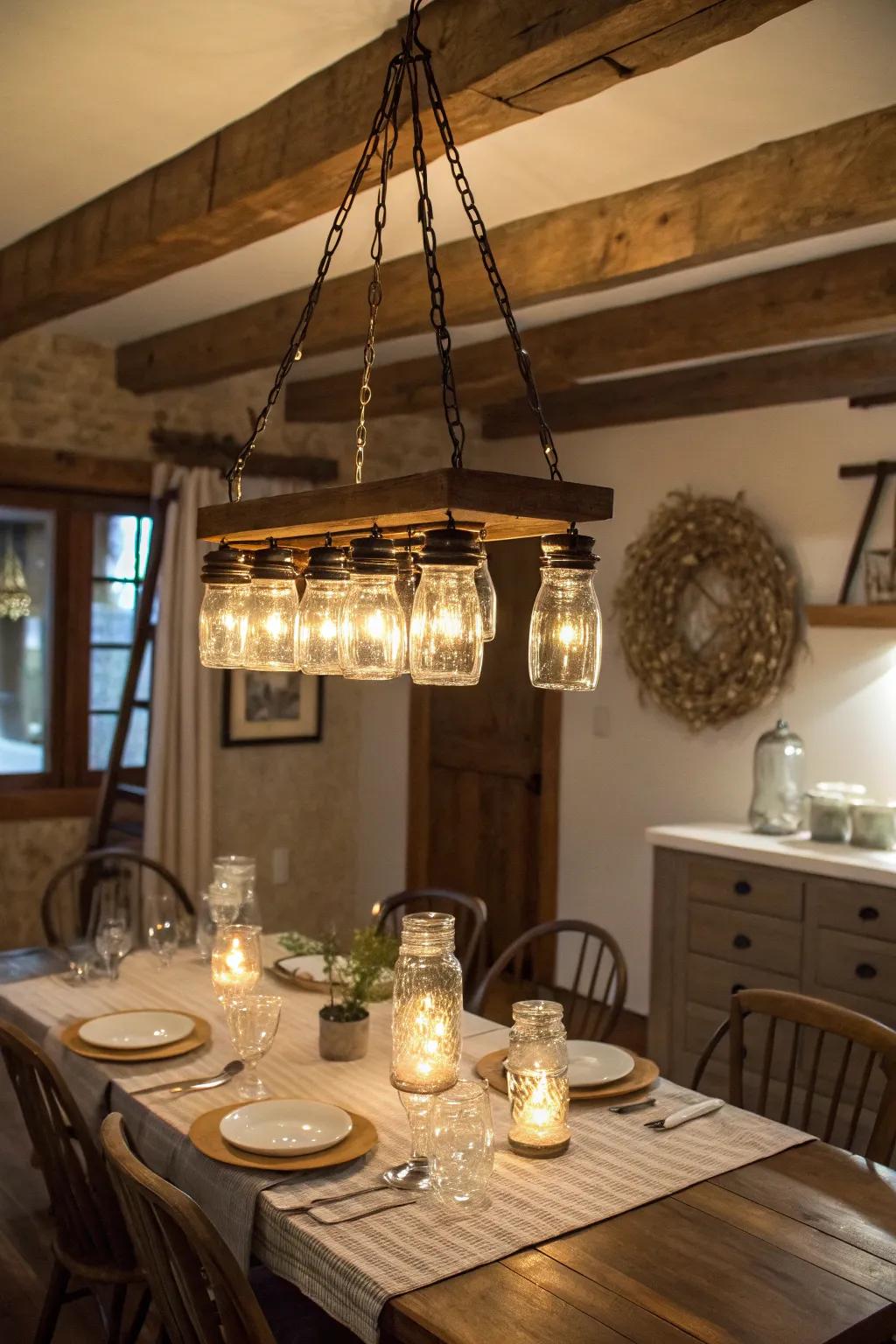 Countryside refinement through a conserve jar chandelier.