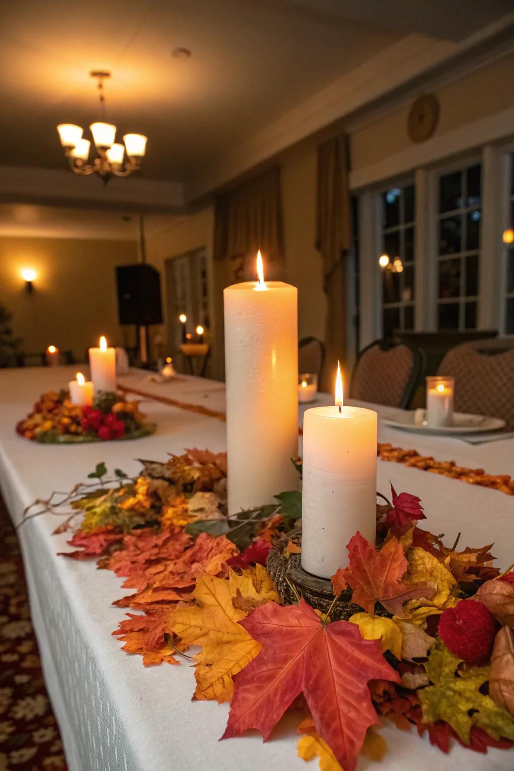 Seasonal accents like autumnal foliage surround this unity candle table.
