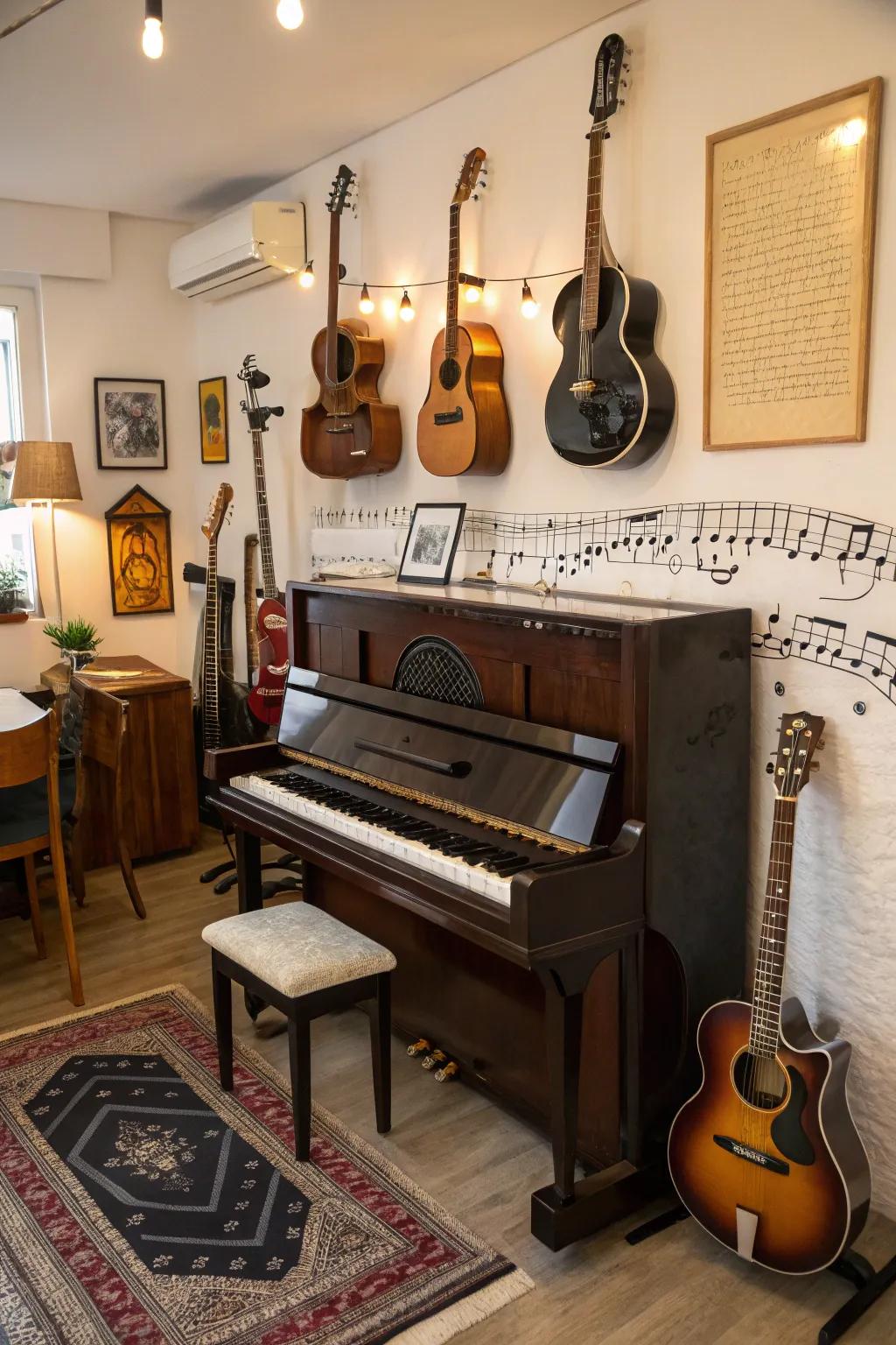 A music-themed room featuring an upright piano alongside other displayed instruments.