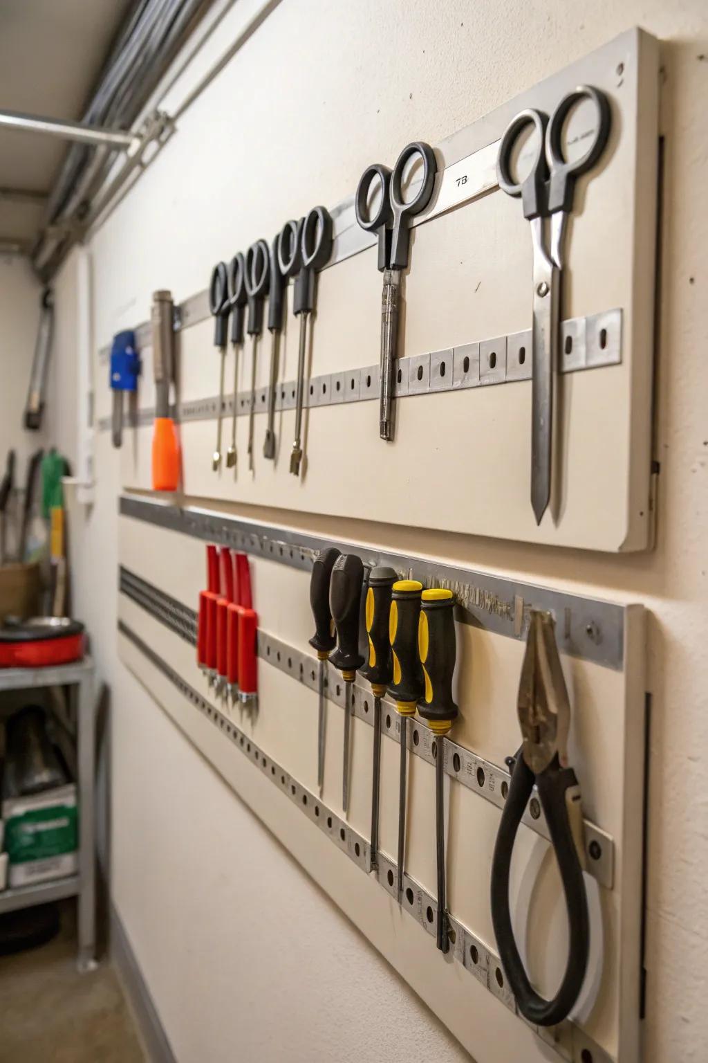 Magnetic strips are a sleek way to organize metal tools.
