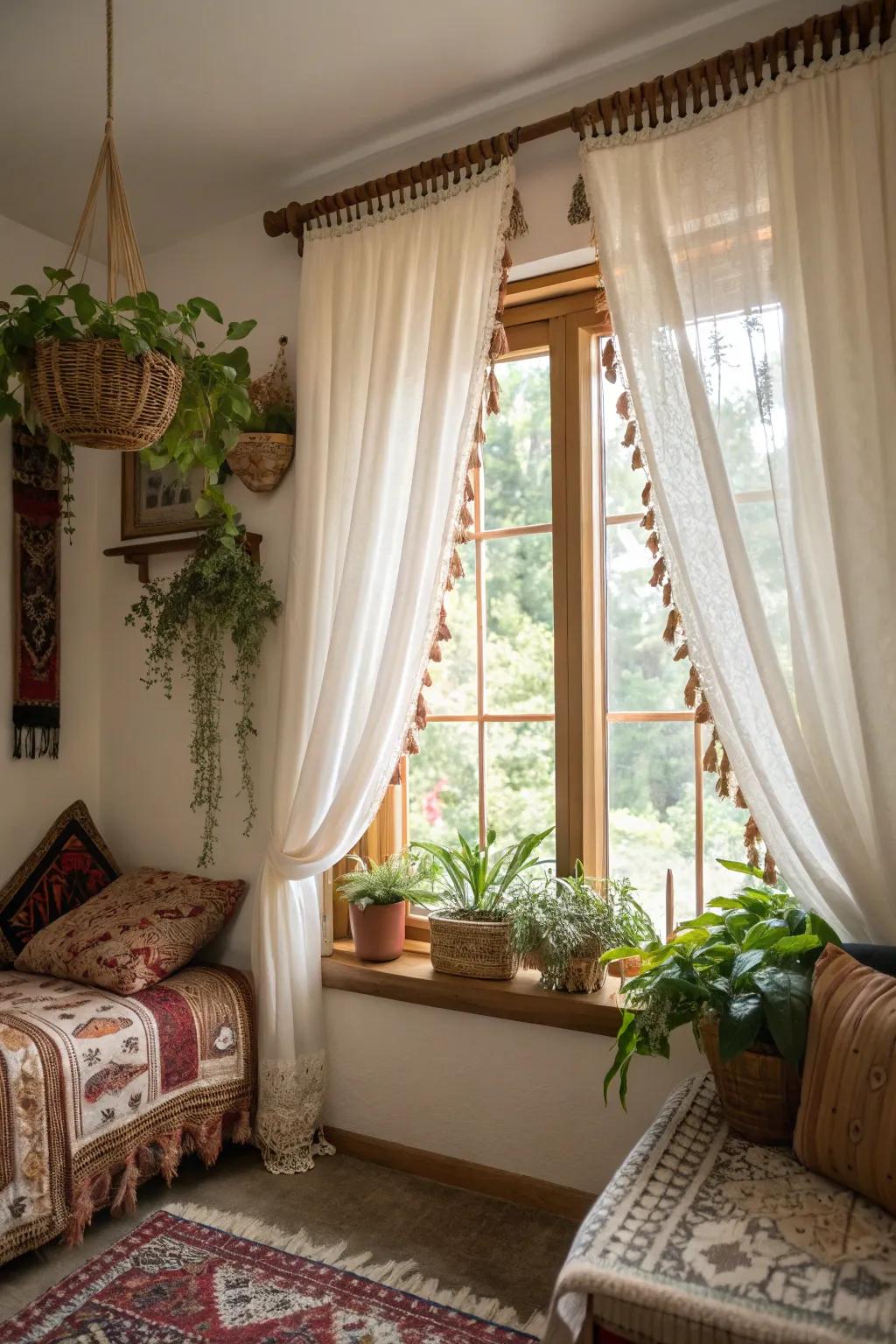 A window displaying a braid-trimmed topper in a bohemian guest room.