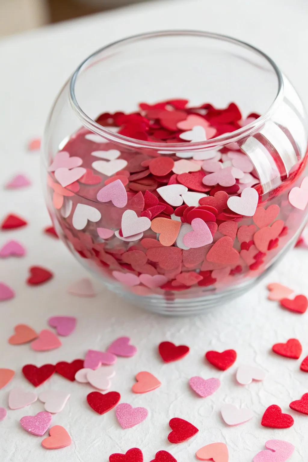 Quirky clear bowl filled with heart confetti
