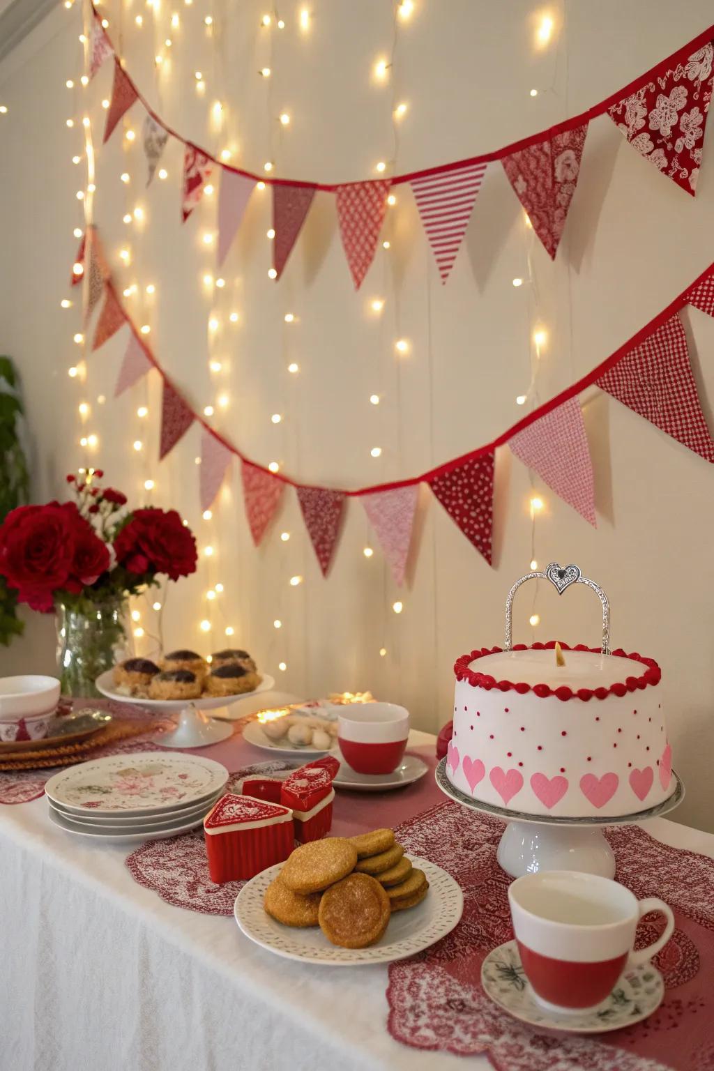 Whimsical bunting and garlands contributing a celebratory detail to the tea do.