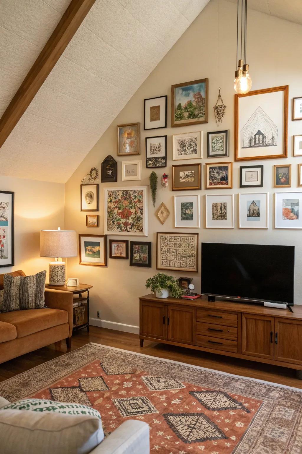 Living room featuring a vaulted ceiling and eclectic curated art display